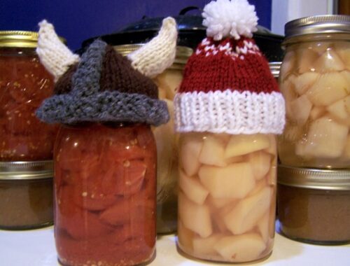 canning jars wearing knitted hats.