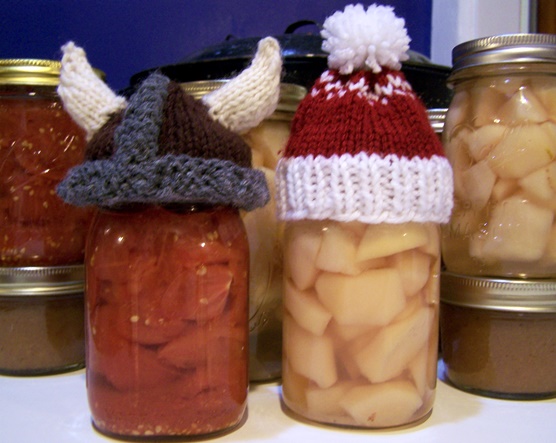 canning jars wearing knitted hats.