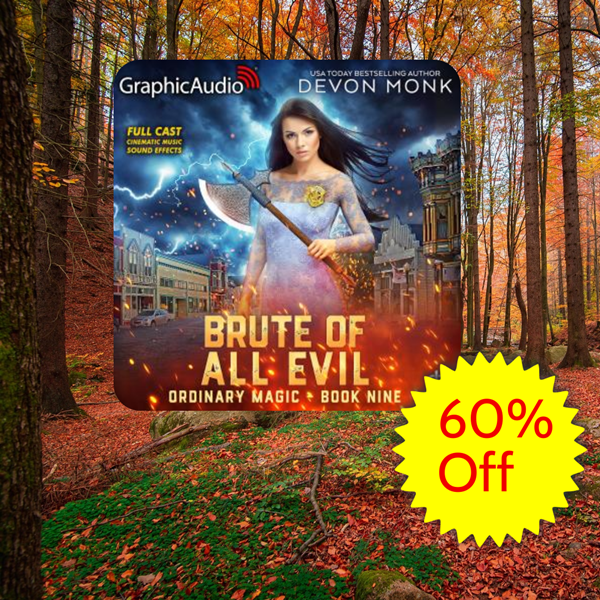 Cover of small town urban fantasy Brute of all Evil by Devon Monk with an autumn forest background and a 60% off sticker